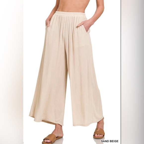Zenana Outfitters Pants - Zenana Sand Beige Woven Crinkle Wide Leg Pants with Pockets